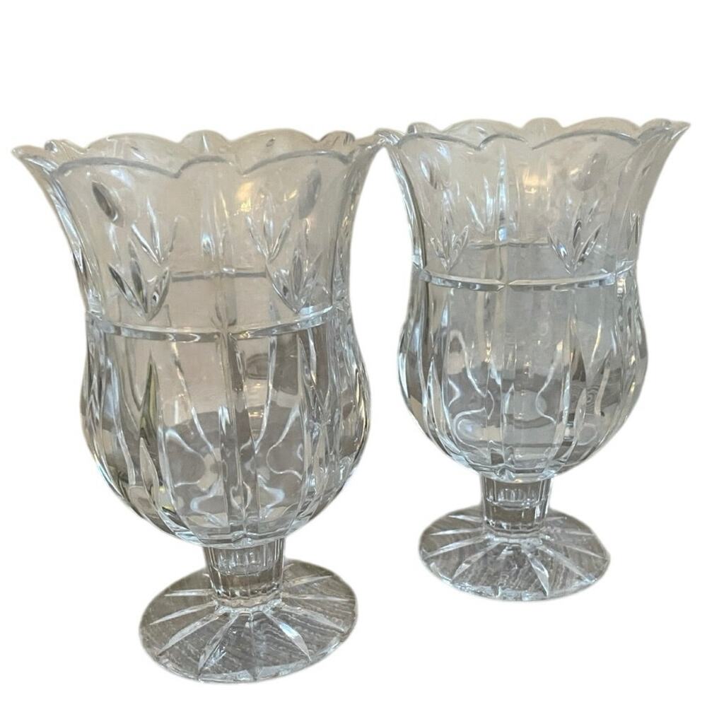 Block Vintage Lead Crystal 7" Tulip Garden Hurricane Candle Holders Set of 2